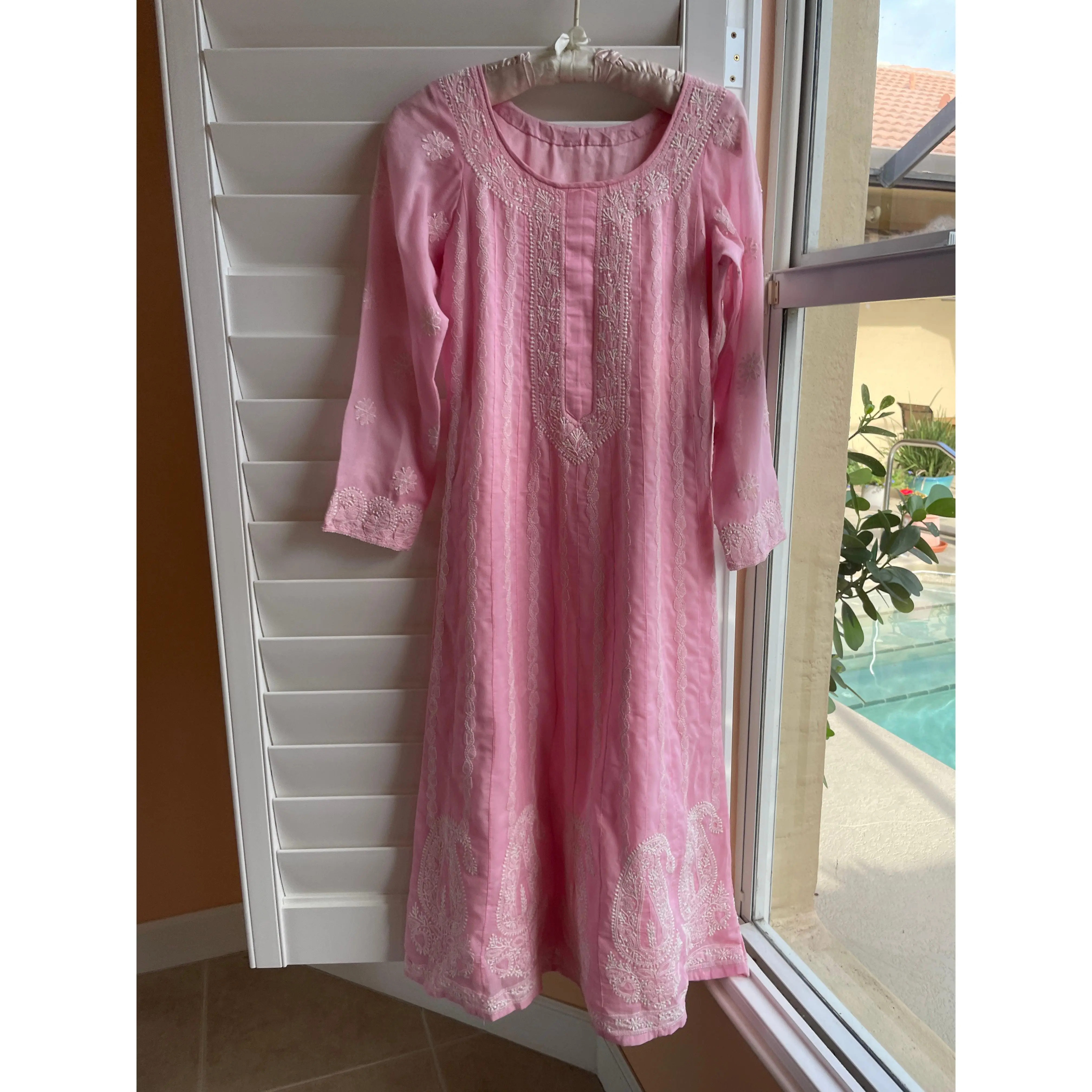 Pink Embroidered Cotton Handmade Boho Midi Tunic Dress