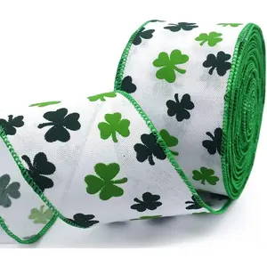 St. Patrick's Day Ribbons for Gifts Wrapping, White Burlap Wired Edge Ribbons Irish Shamrock Craft Ribbon Ornaments for Wreath Bows Saint Patrick's Day Decoration Supplies, 2.5"×10 Yards