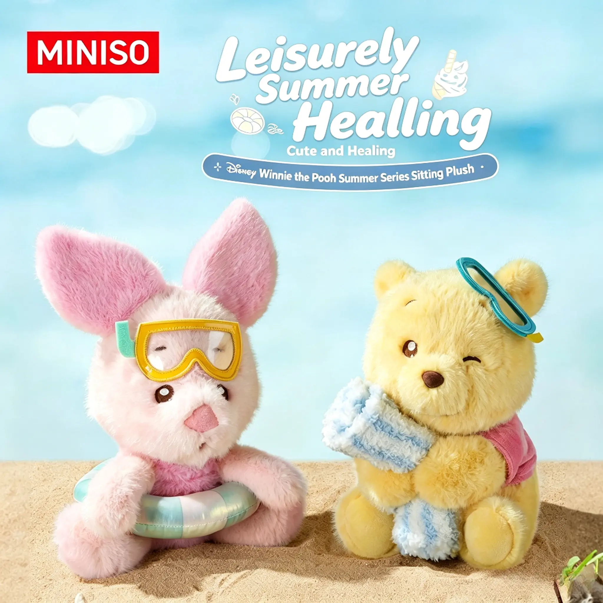 Disney Winnie the Pooh Summer Series Sitting Doll - Cute Stuffed Animal, Soft Furry Collectibles, Soft Huggable Soothing Charm, Hanging Accessory, Stuffed Animal Gift