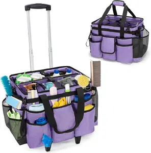 Rolling Cleaning Bag with Detachable Trolley, Professional Cleaning  with  Strap for Housekeepers, Portable Cart on Wheels for Supplies, Purple ( Design)