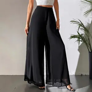 Women's Solid Color High Waist Double Layer Chiffon Wide Leg Pants