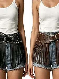 European and American Y2K Rivet Punk Fringe Wide Waist Belt, Streetwear Fashion, Retro Sexy Leather Belt, Versatile and Stylish
