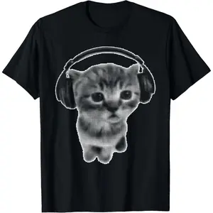 Cotton Streetwear Graphic Tees Casual Round Neck Shortsleeve Fashion Cute Headphones Cat Funny y2k Grunge Silly  T-Shirt