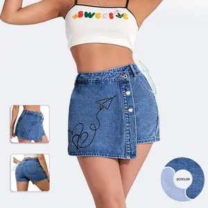 Women's High-Waisted Wrap Button-Up A-Line Denim Skort, Casual Solid Dark Blue Asymmetrical Fitted Mini Bottom, Summer Womenswear Pantskirt, A-Line Skirt