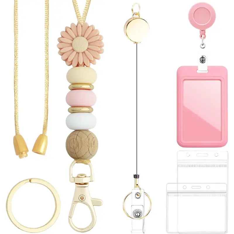Cute  Beads Lanyard Set for Teacher,Breakaway Lanyard with Smooth Metal Badge Reel & Clip,with Three ID Card Holders for Students Worker Employees (Light Pink Daisy)