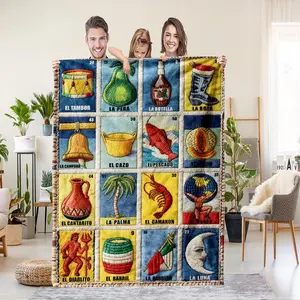 1 piece of Mexican Loteria Card-themed quilted Flannel Throw Blanket for all seasons. Perfect gift for sofas, beds, camping and travel. A must-have for card lovers