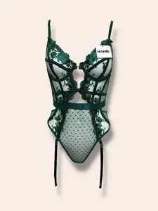 Floral Emerald Green Embroidery Lace Teddy Bodysuit, Garter Belt Set, Gift for Women, Size S-XL