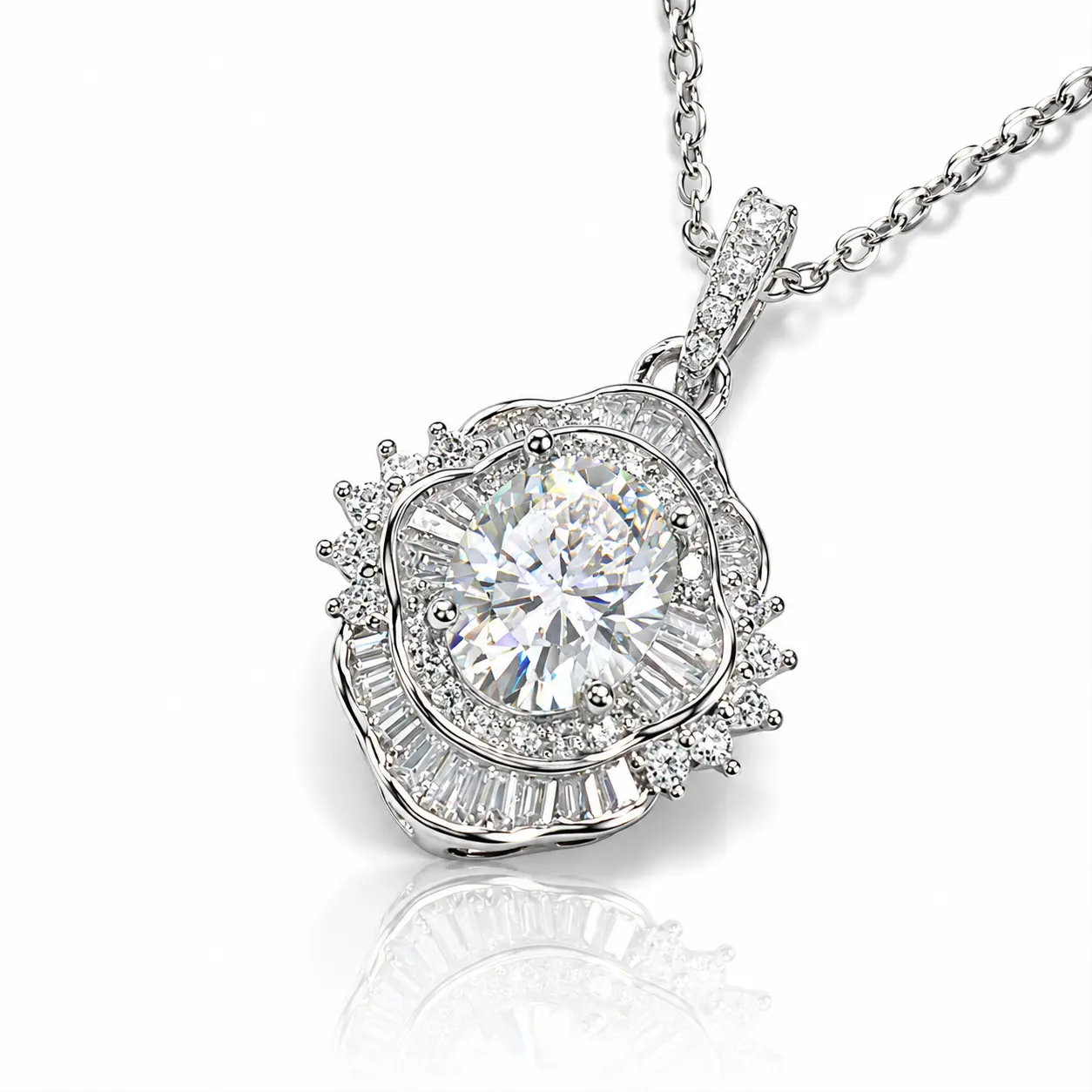 SKU XL-009 - Vintage Double Halo Moissanite Pendant Necklace - Glowing, Lab Grown, Moissanite Pavé, Regal Style, Luxury Statement, Glowing Moissanite Necklaces, Lab Grown Necklaces