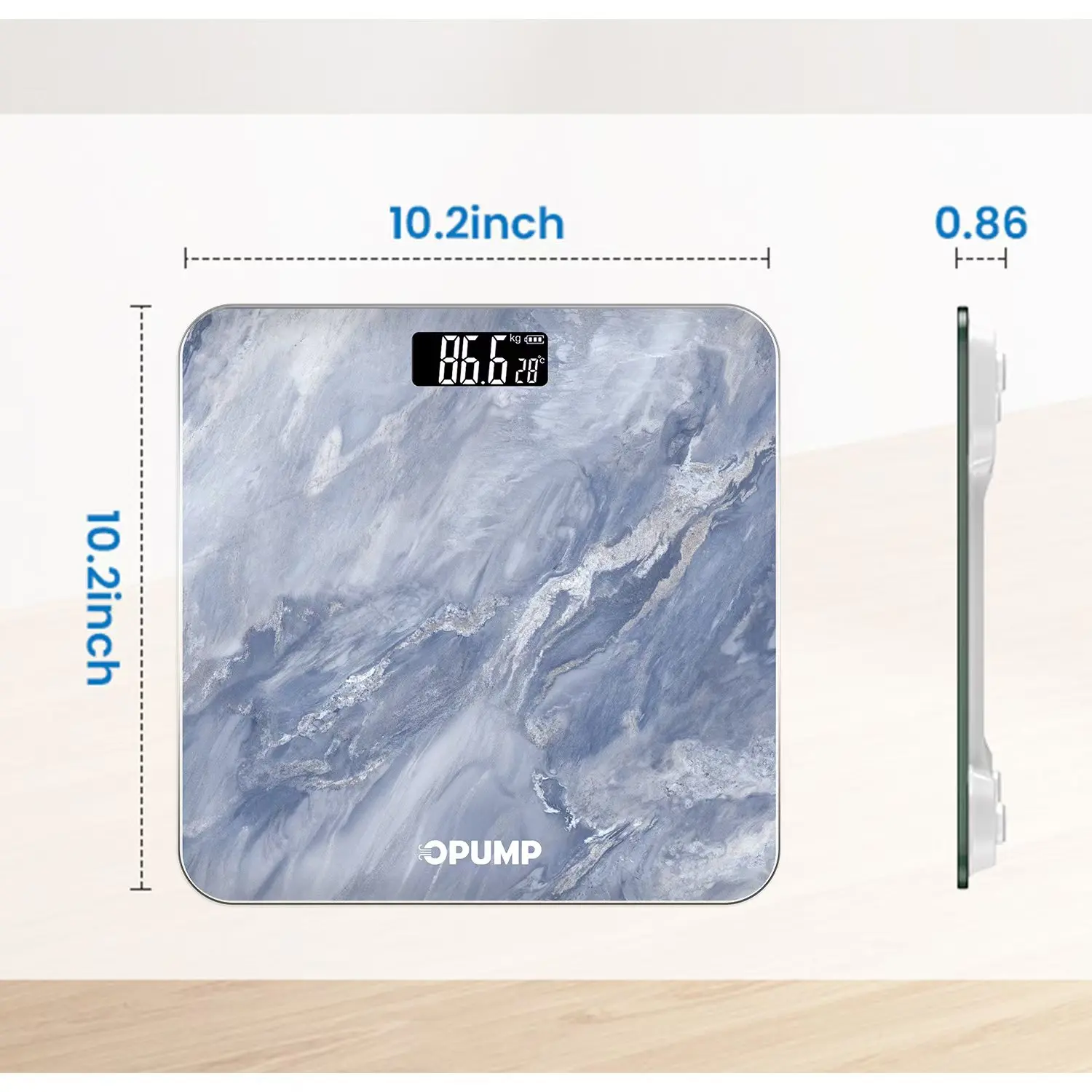 OPUMP sapphire grey digital bathroom scale, high accuracy weight scale with backlit LED display,with three conversion units of KG, LB, ST, Healthcare, Portable