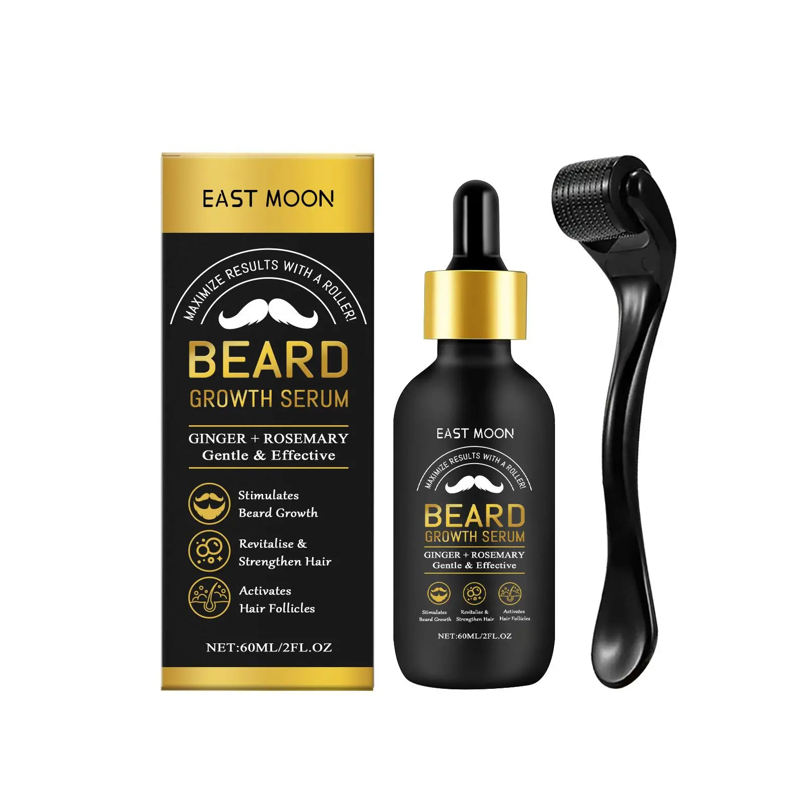 Men's Beard  Serum with Roller Kit, Ginger & Rosemary Beard Oil for Patchy Beard, Gentle Cleansing & Moisturizing Beard Care Oil, Biotin Beard  Oil, Strengthen Hair Follicles, Thicker Fuller Beard, Natural Beard Grooming Oil Growth