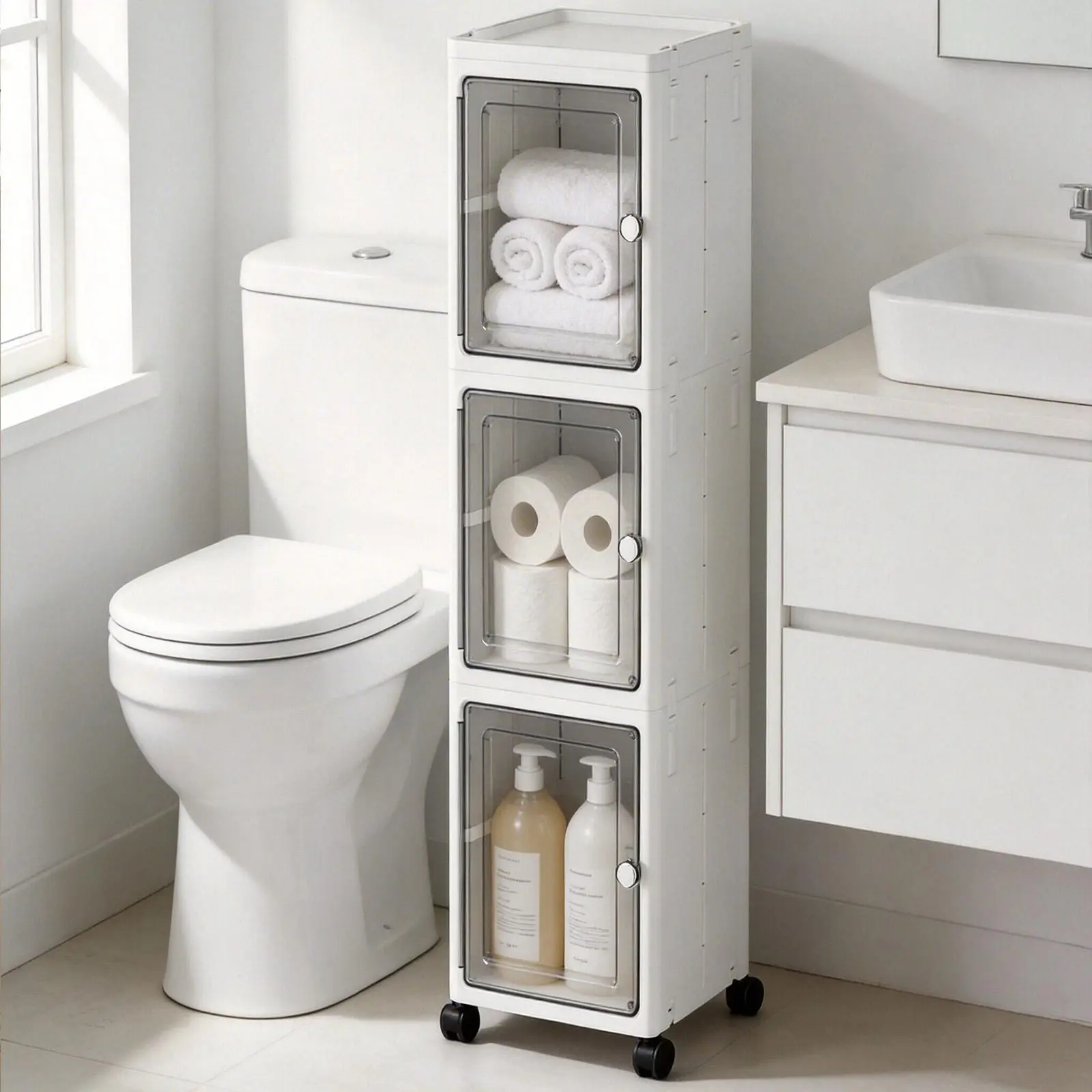 3-Tier Narrow Storage Cabinet Slim Bathroom Storage Cabinet with Movable Wheels Tall Bathroom Organizer Skinny Cabinet for Small Spaces，White