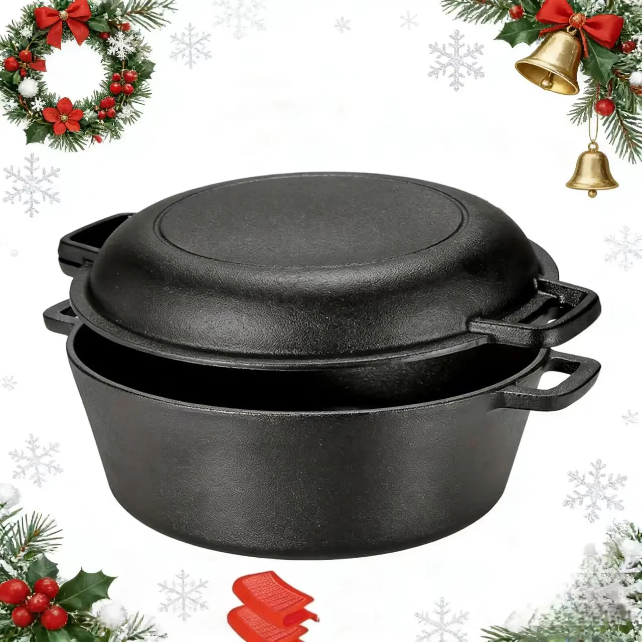 Cast Iron Round Dutch Oven 5.5QT Pot with Lid Dual Handles Silicone Gloves Oven Safe up to 500°F Heavy Duty Pre Seasoned Cookware for Bread Baking Braising Stews Roasting pots and pans set butter bell