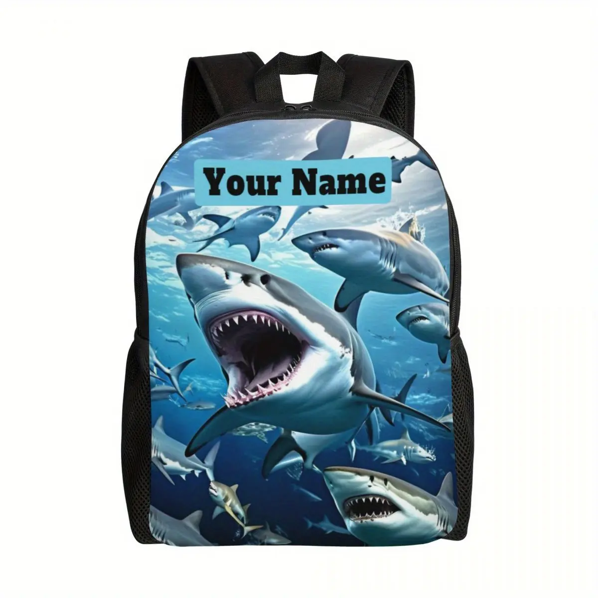 Customizable Shark Print Backpack Durable 600D Oxford Cloth School Bag Adjustable Breathable Strap Large Capacity Fits 15in Laptop for Kids Teens School Travel Outdoor Use
