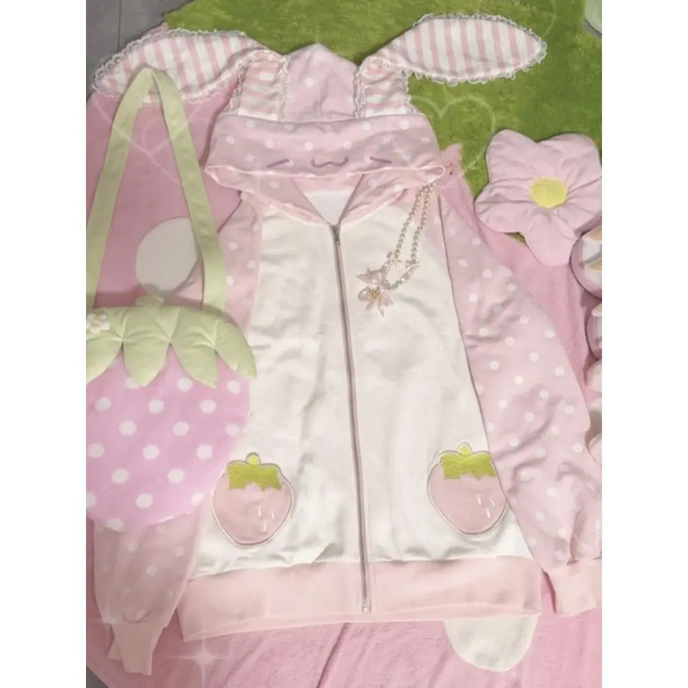 Japanese Kawaii Rabbit Ears Hoodies Tops Women Design Loose Dot Lace Patchwork Cute Coat Harajuku Chic Sweet Lovely ​Sweatshirts