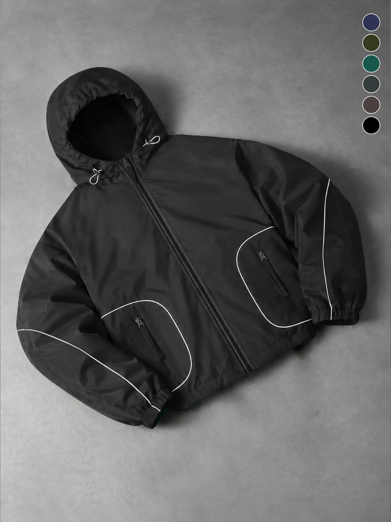 Casual black windproof jacket with white line details, adjustable hood, practical zippered pockets, elastic cuffs, and a loose silhouette—ideal for everyday commuting, grabbing coffee, city walks, and weekend gatherings.