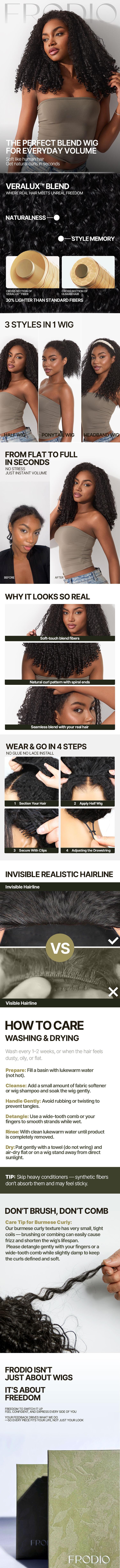 [Blend] Frodio Veralux™ Blend Human Hair 18 Burmese Curly 3-in-1 Half Wig Spiral Ends Natural Volume Ready To Wear Curly Wig " 3C-4A Texture Half Wig #summervibes