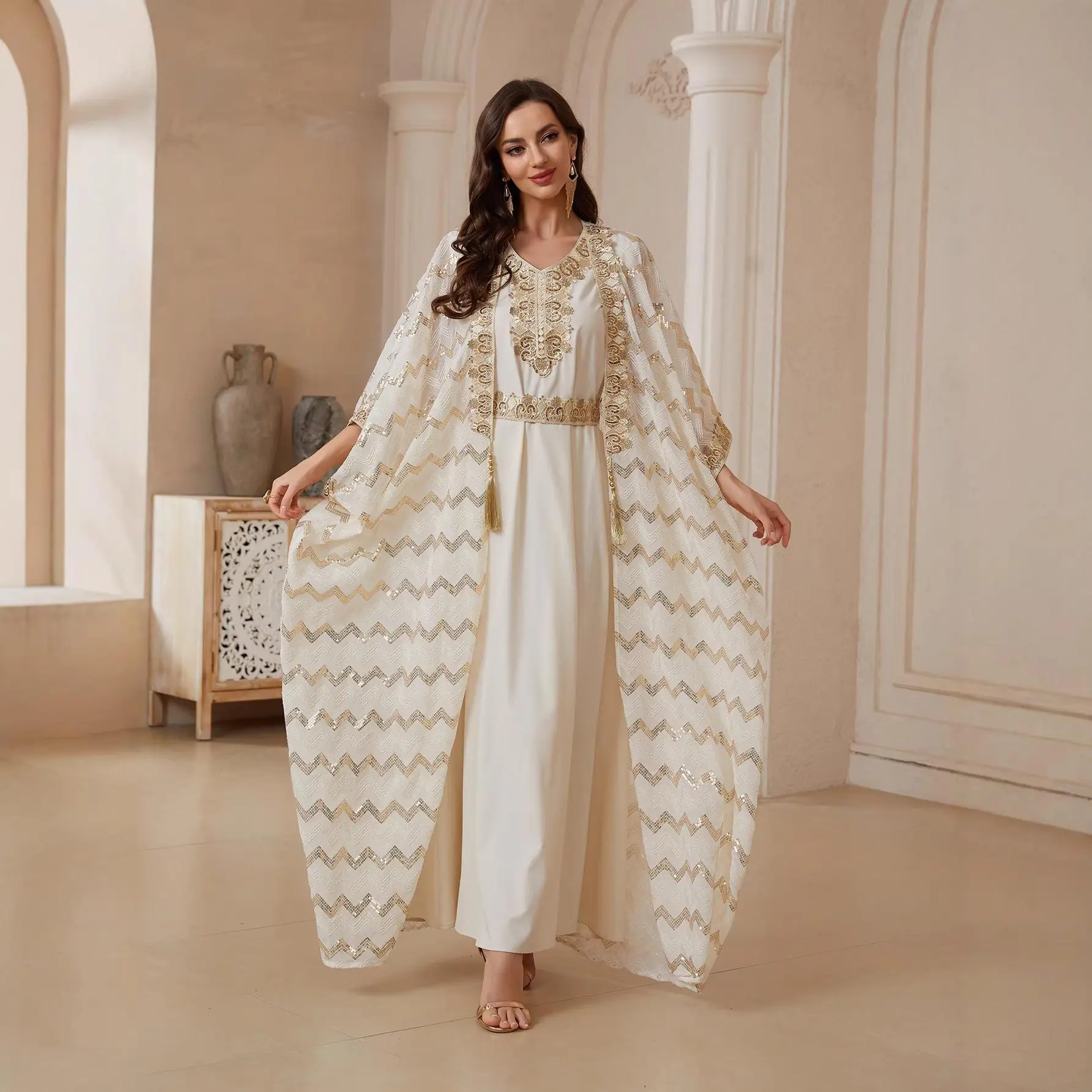 Women's Modest 2-Piece Sequined Abaya Set - Luxury Elegant Full Length Loose Polyester, Long Sleeve with Inner Dress, Middle East Muslim Daily Wear, Cold Wash, Size M