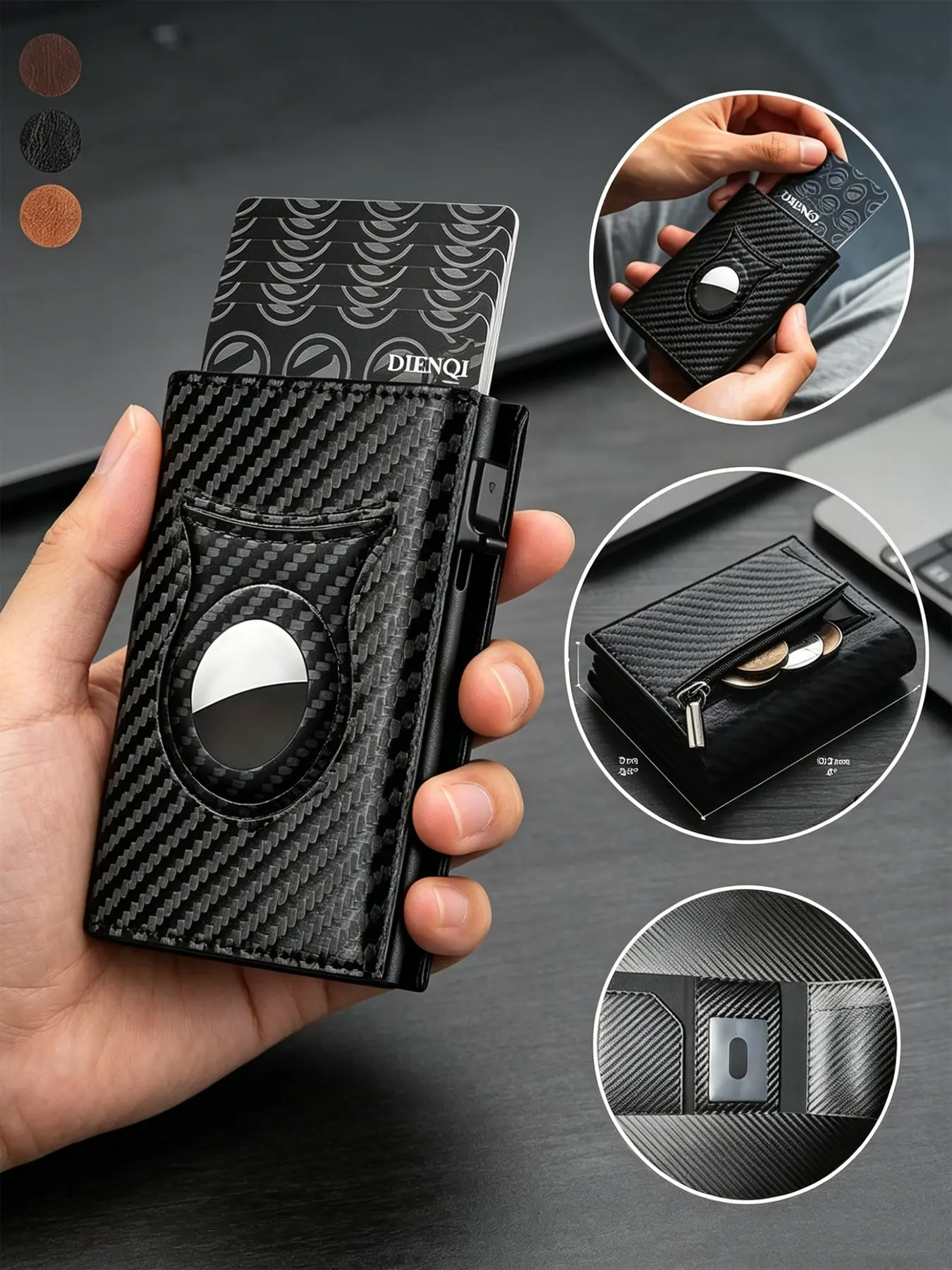 RFID Blocking Carbon Fiber Pop-Up Wallet, Airtag Slot, Slim Credit Card Holder, Zipper Coin Pocket, Anti-Theft Minimalist Organizer for Men, RFID Theft Proof, Secure Card Storage