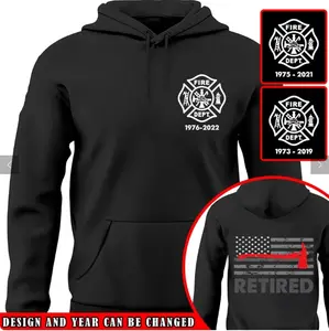 Personalized US Retired Firefighter Custom Time Hoodie, Retired Firefighter US 2 Side Cotton Shirt, Thin Red Line US Flag Hoodie, Full Color Full Size