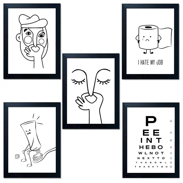 Black and white bathroom wall decoration posters, quirky and humorous wall art, interesting guest toilet picture prints, modern minimalist bathroom signs, wall decorations.
