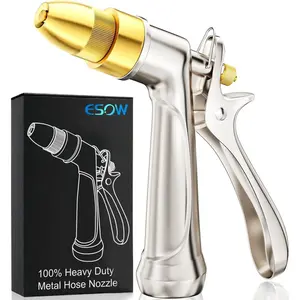 Garden Hose Nozzle,  Heavy Duty Metal   with Full Brass Nozzle, 4 Watering Patterns Watering Nozzle- High  Rear Trigger Design for Watering ,  Wash and Showering