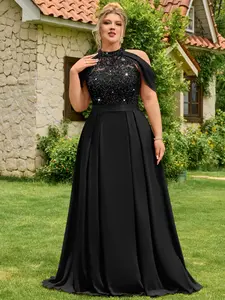 MISSMAY P25636A Plus Halter Neck Sequin Floral Lace Cutout Shoulder Cape Sleeve Contrast Chiffon Pleated Hem Formal Party Dress Prom Wedding Guest Gown, For Valentine, Graduation, Dinner