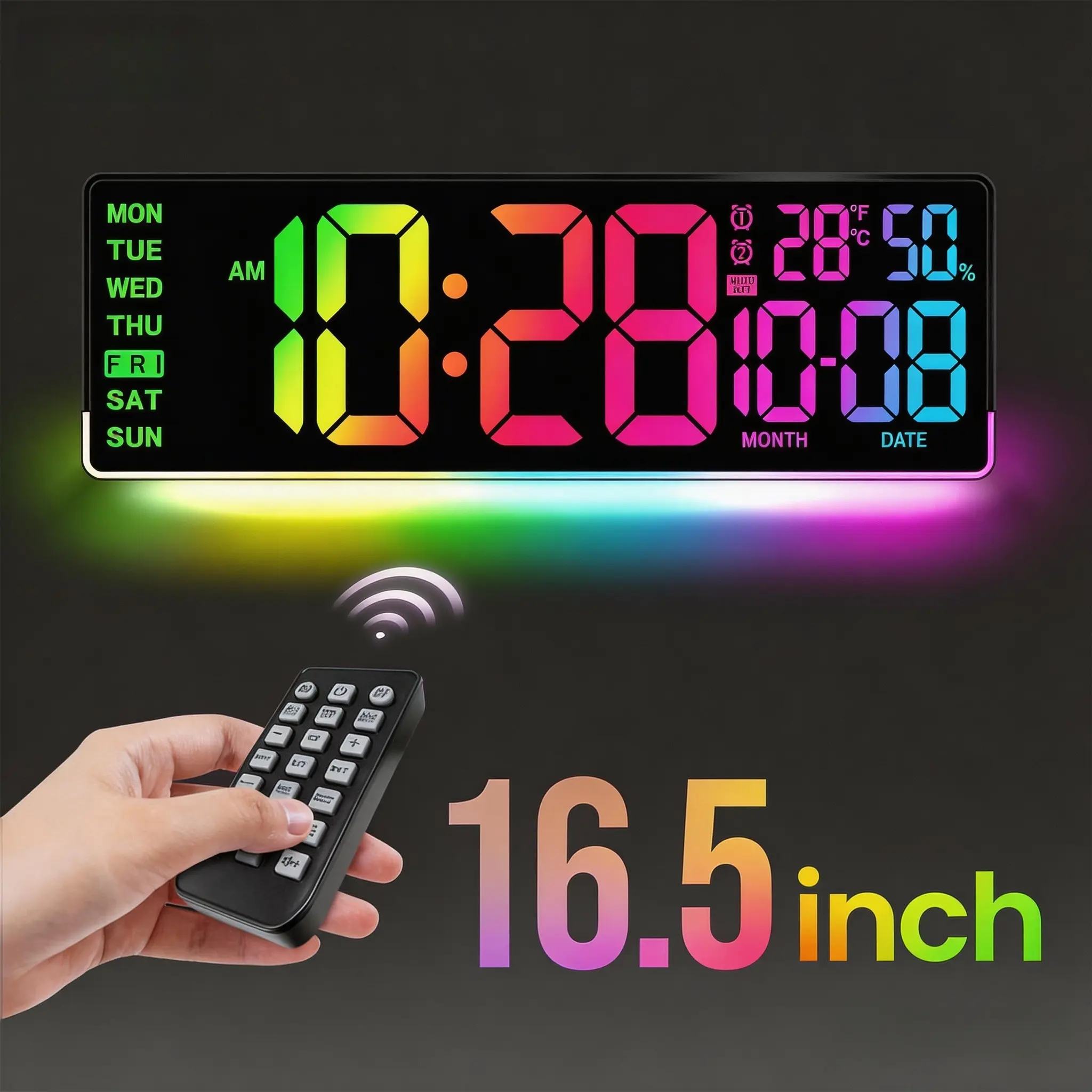 16.5in Large Square Modern Metal Digital Wall Clock with USB Charging, Alarm, Date, Day Display, Temp, Timer, Electric RGB Color-Changing LED Screen, U-Shaped LED Lights, Auto DST, Remote Control, Portable Casual Man Cave Home Decor for Elderly