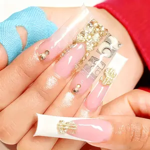 24pcs Pink Press-on Nails with Money and Rhinestone Details, Glamorous Style Long Coffin-Shaped Nails for Nail Decoration, Perfect for Parties and Everyday Fashion