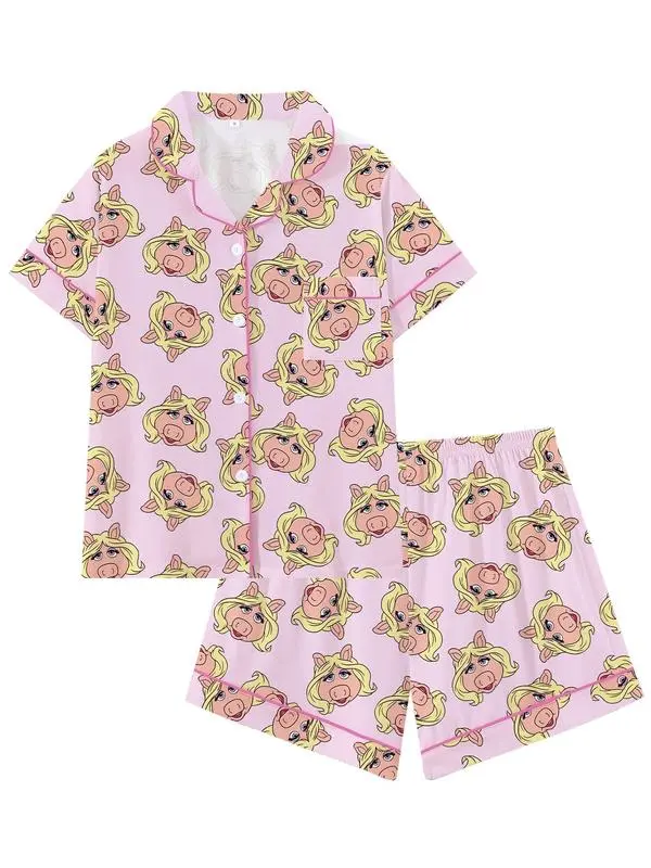 Cartoon Pig Pajama Set for Women, Cute Piggy Print PJs, Button Up Short Sleeve Sleepwear, Two Piece Lounge Set