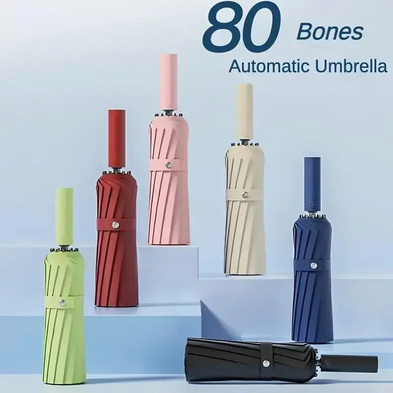 Windproof Automatic Umbrella 80 Reinforced Fiberglass Ribs, Stormproof 50+ For Men Women, Compact Folding Sun Rain Umbrellas