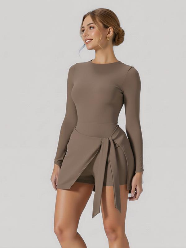 Women's Long Sleeve Solid Color Tennis Dress with Side Slit & Built-in Shorts High Stretch Nylon for Yoga Golf Athletic Activities Crew Neck Spring Summer