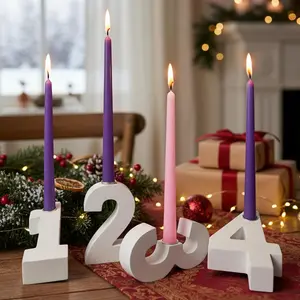 Wooden Geometric Number Candle Holders Set of 4, Christmas Home Party Atmosphere Decorations, Wooden Crafts for Festive Season