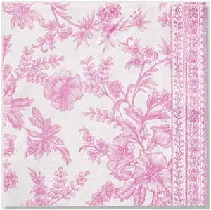 Pink Floral Paper Cocktail Napkins (Set of 25) | Beautiful Pink and White Toile Paper Napkins For Bridal and Baby Shower, Tea Party, Garden Party, Birthday Party | 5” Fancy Paper Napkins