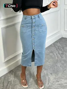 Women's New Casual High-Waisted Midi Skirt, Elastic Fabric, Split Hem, All-Season Wear, Office & Daily Use, Sexy Style