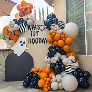 Halloween Balloon Arch Garland Kit 144PCS Burnt Orange Black Sand White Balloons with Striped Foil Balloons for Halloween Day Party Decorations