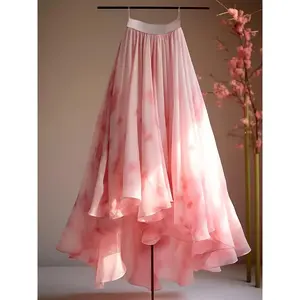Dopamine Style Pink Chiffon High Waist Printed Elastic Waist Versatile Midi Skirt Fabric Womenswear skirts jean skirt outfit mini skirt denim skirt Bottoms Flower Loose Polyester skirts pencil skirt jean skirt outfit Umbrella Woven