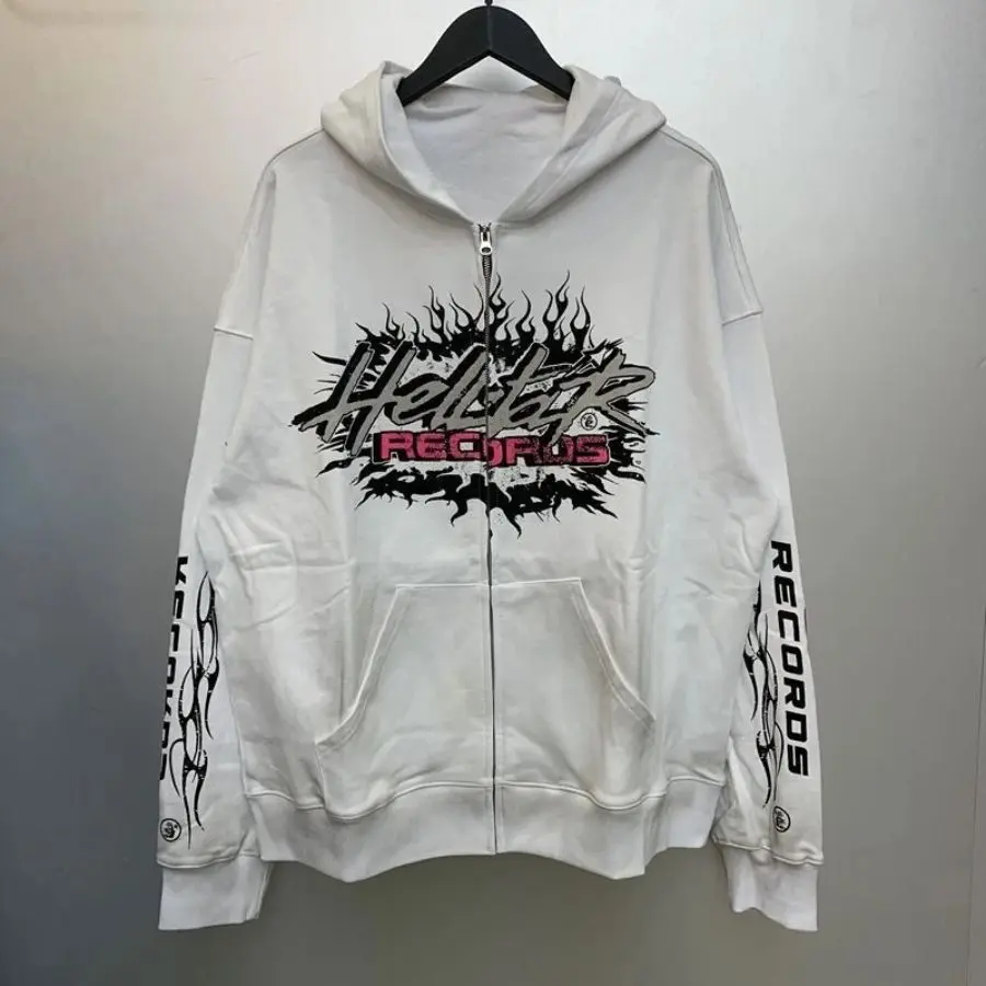 Hel1lsttaar Streetwear Zip-Up Hoodie, Unisex Oversized Graphic Jacket, Lightweight Full-Zip Sweatshirt, Long Sleeve Y2K Casual Wear