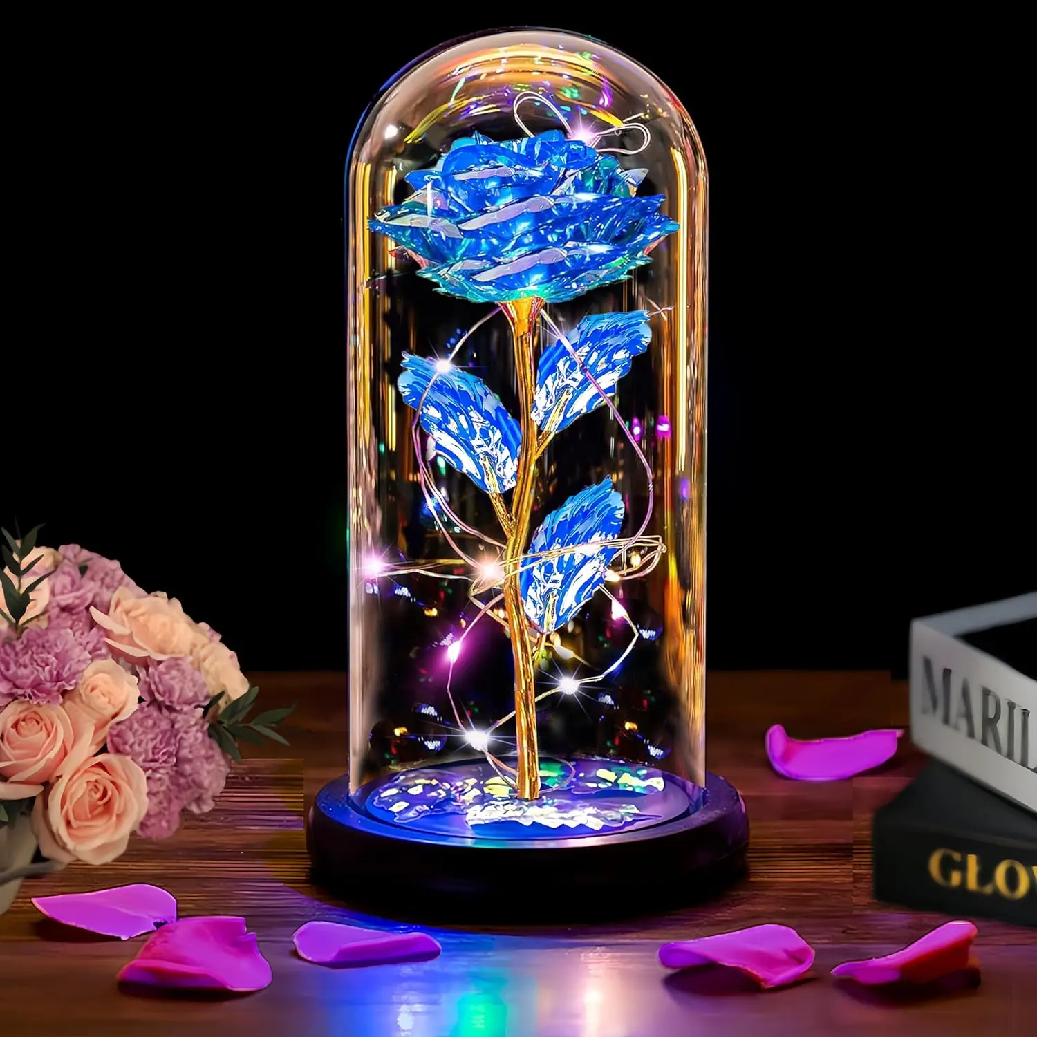 Eternal lifelike glowing rose lamp, a timeless gift for women, perfect for birthdays, Christmas, Valentine's Day, Mother's Day. (21cm blue) Blue rose gift for mom, grandma, daughter, wife, girlfriend, sisters,, graduation gift, home decoration.