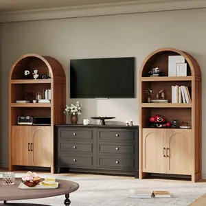 71in Tall Bookshelf Arched Cabinet - 5Tier Arched Bookcase with Mid Century Doors Wooden Storage Cabinet with Open Display Shelves and Adjustable Shelf for Office Dining Living Room - Brown