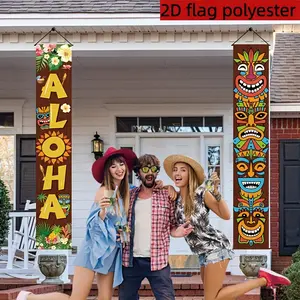 2D Flat 2Pcs Polyester Hawaiian Aloha Theme Porch Couplets, Tiki Totem & Tropical Floral Design, Perfect for Indoor/Outdoor Tropical Party, Beach Themed Event, Birthday Gathering, Photography Backdrop, Window Display, Backyard Decor
