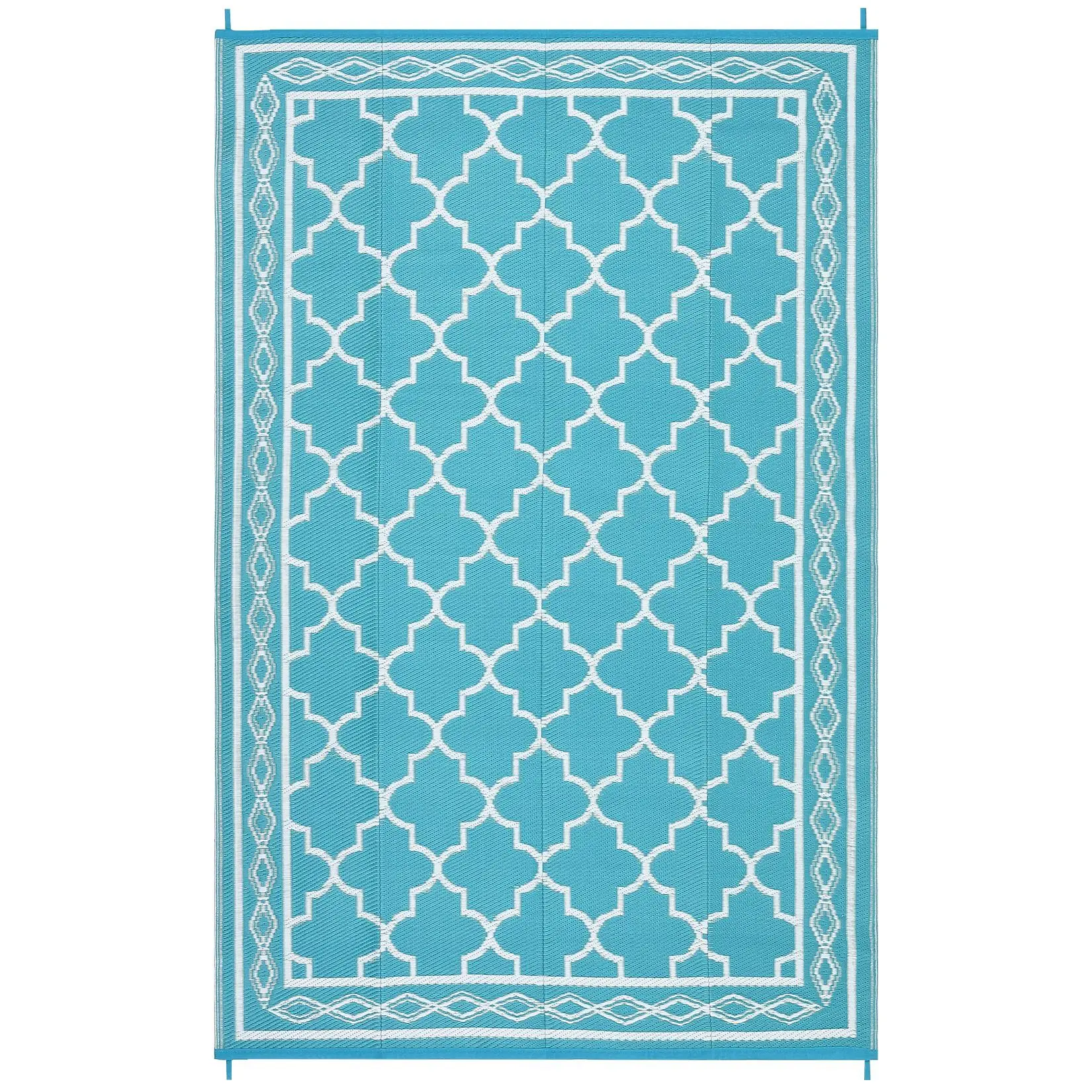 【Christmas Gift】9 x 12 ft Plastic Light Blue and White Rectangular Beach Front Porches Patio Picnic RV Camping Garage Rhomb Border Modern Moroccan Area Rug
