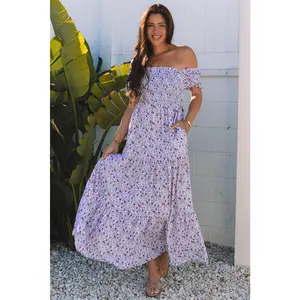 Purple Floral Short Bubble Sleeve Shirred High Waist Maxi Dress