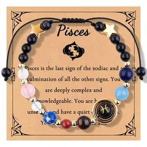 12 Constellations Braided Bracelet, Golden Star Mixed Color Crystal Chalcedony Hand-Woven Bracelet, Blue Sandstone Constellation Bracelet