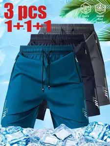 Men's Outdoor Shorts Set, Elastic Fashion Gym Shorts, Reflective Waist Drawstring, Side Zipper Design, Summer Wear, Daily Sportswear, Athletic Shorts