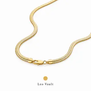 14K Gold Plated 10mm Flat Snake Chain Necklace, Men’s Stainless Steel Herringbone Gold Chain