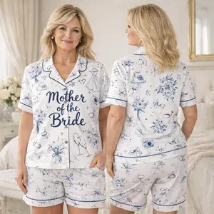 Custom Mother of the Bride Blue Toile Pajama Set – Bridal Party Gift PJs, kawaii pajamas cute pajama set bunny pajamas animal sleepwear women pajamas set summer pj set cute loungewear aesthetic pajamas girly sleepwear soft pajama set gift for her