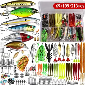 69/109/213pcs Fishing Lures Tackle Box Bass Kit, Including Animated Lure,Crankbaits,Spinnerbaits,Soft Plastic Worms, Topwater Lures,Hooks,Saltwater & Freshwater Fishing Gear for Bass,Trout, Salmon.