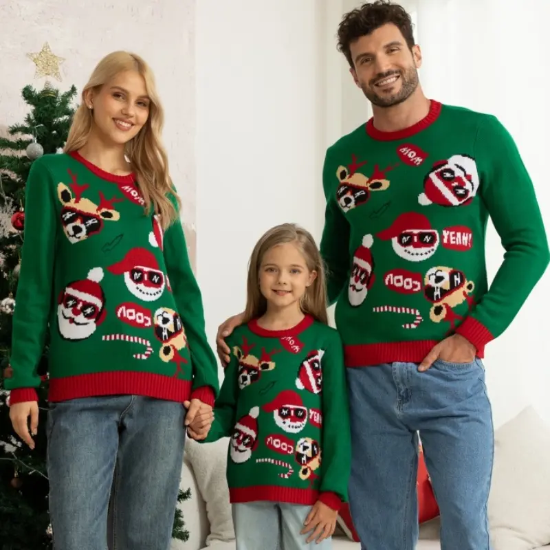 Parent-Child Matching Christmas Sweater Green Long Sleeve Round Neck Reindeer Jacquard Pullover Holiday Photo Suits Casual Womenswear Gamis Crewneck Santa Claus Cheongsam Party Dress Ugly Gingerbread Shirt