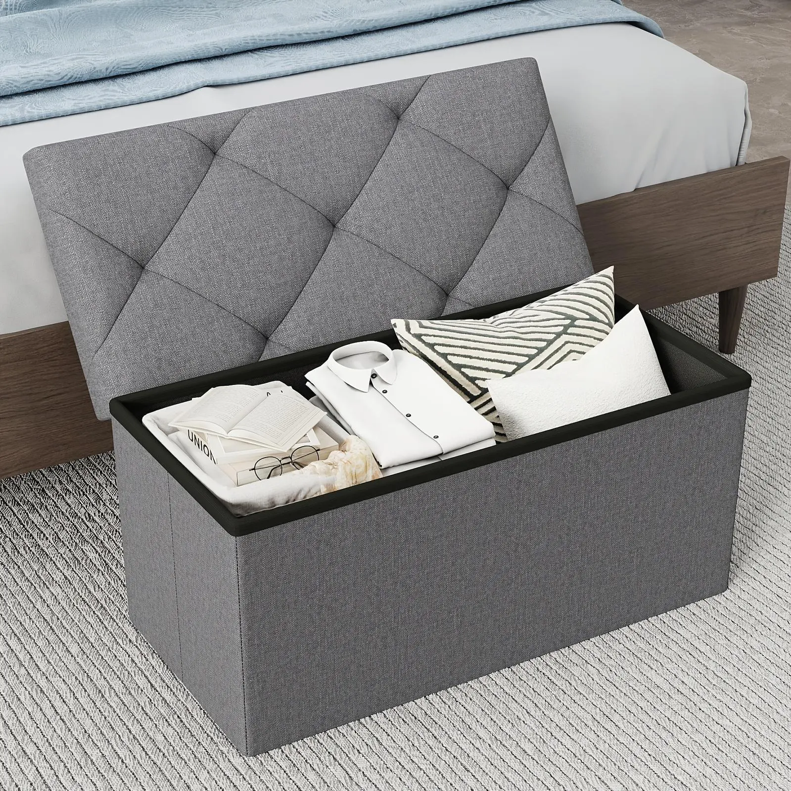 Heavy-Duty Multi-Functional Folding Storage Ottoman Storage Bench with Cushion | Indoor & Outdoor Dual Use, Space-Saving Design, Water-Resistant & Easy-to-Clean Surface - Ideal for Living Room, Bedroom, Patio, Garden Tool Storage - Grey Storage Bench
