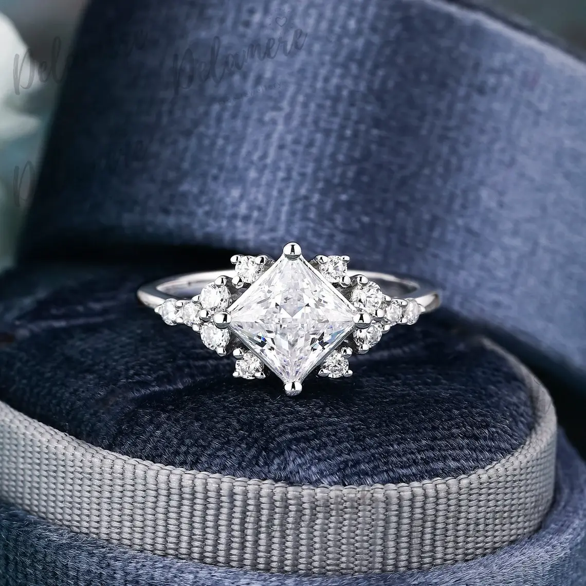 Princess Cut Lab Created Diamond Engagement Ring Dainty 14k White Gold Bridal Ring Modern Snowdrift Cluster Promise Proposal Gift Women